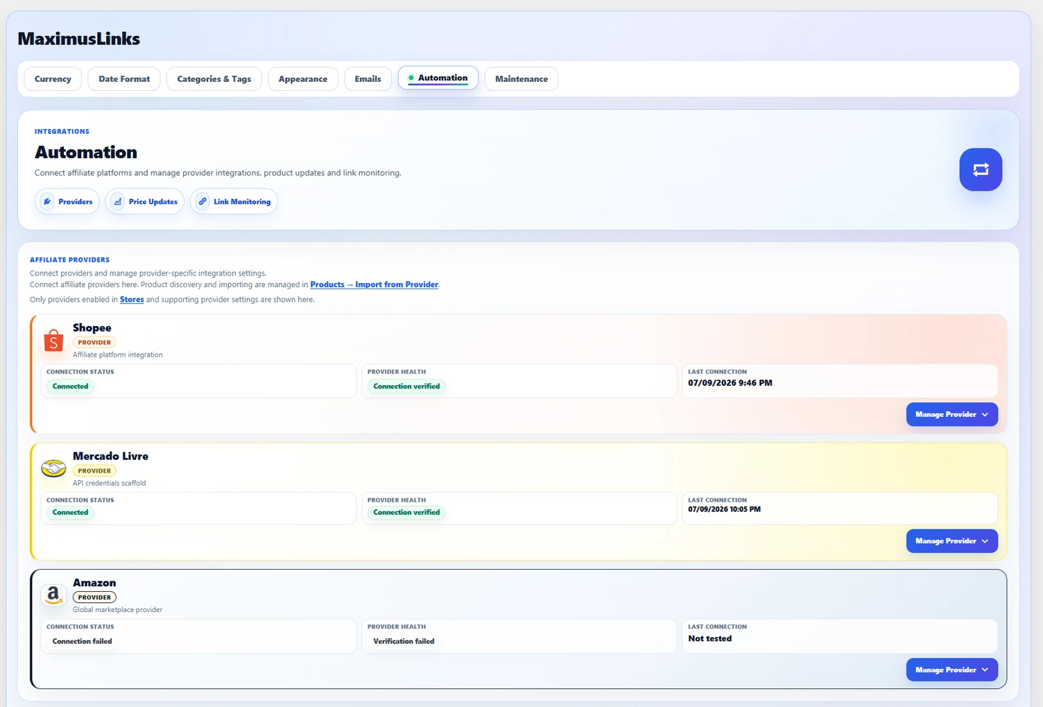 Página Automation real do painel MaximusLinks