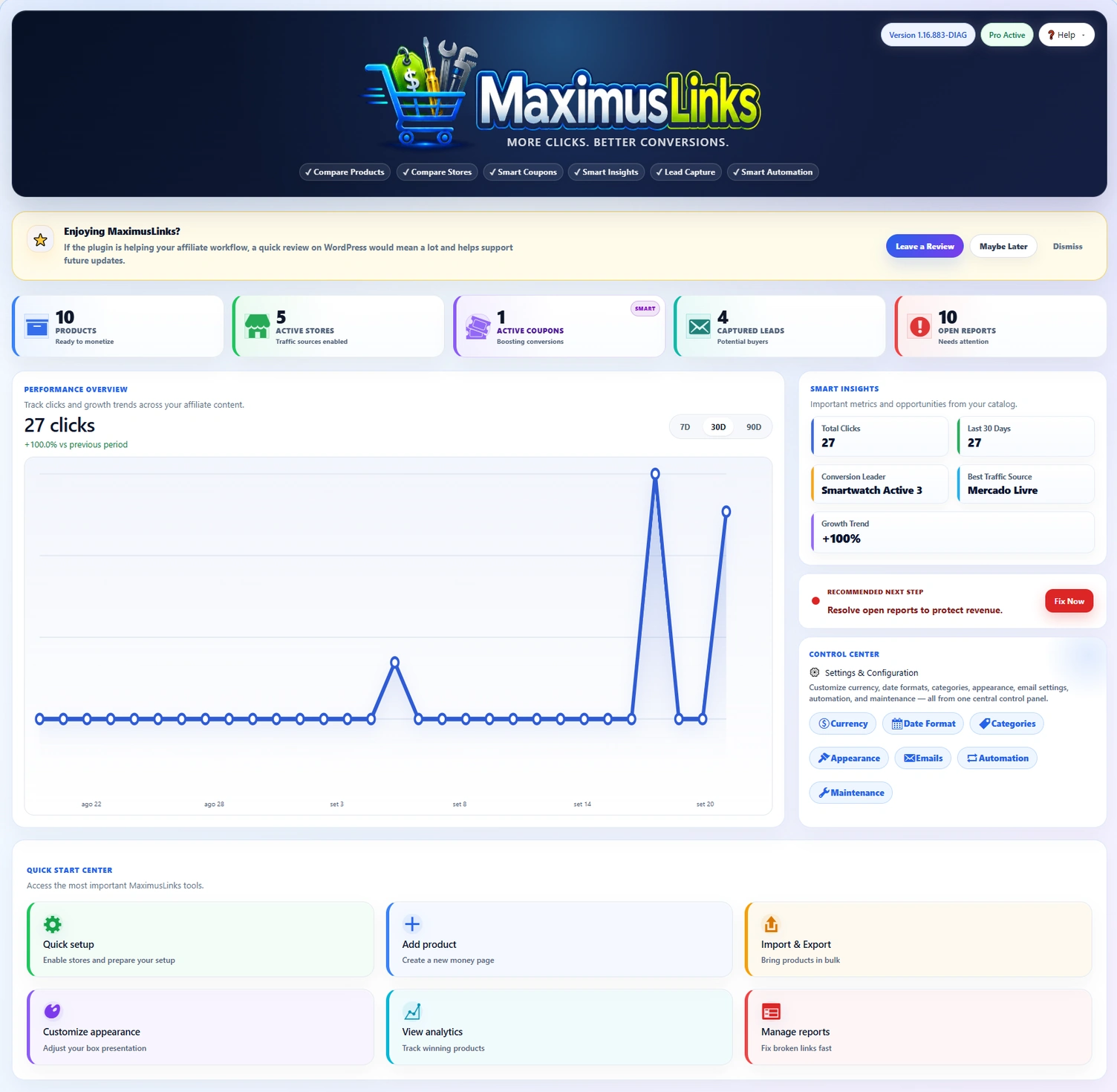 Dashboard real do painel MaximusLinks