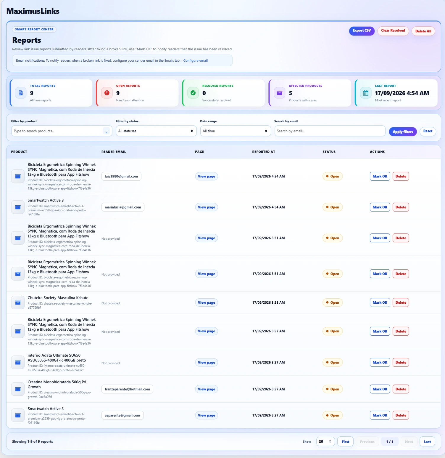 Página Reports real do painel MaximusLinks
