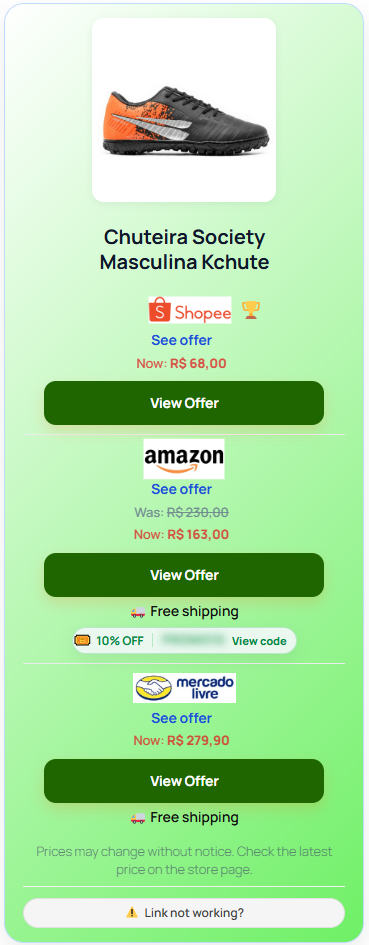 Caixa de Ofertas vertical do MaximusLinks para Chuteira Society Masculina Kchute com Shopee, Amazon e Mercado Livre