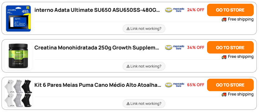Conjunto real de três ofertas horizontais do MaximusLinks para SSD Adata, Creatina Growth e Kit de Meias Puma