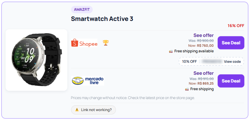 Price Box do MaximusLinks para o Smartwatch Active 3 com ofertas da Shopee e Mercado Livre