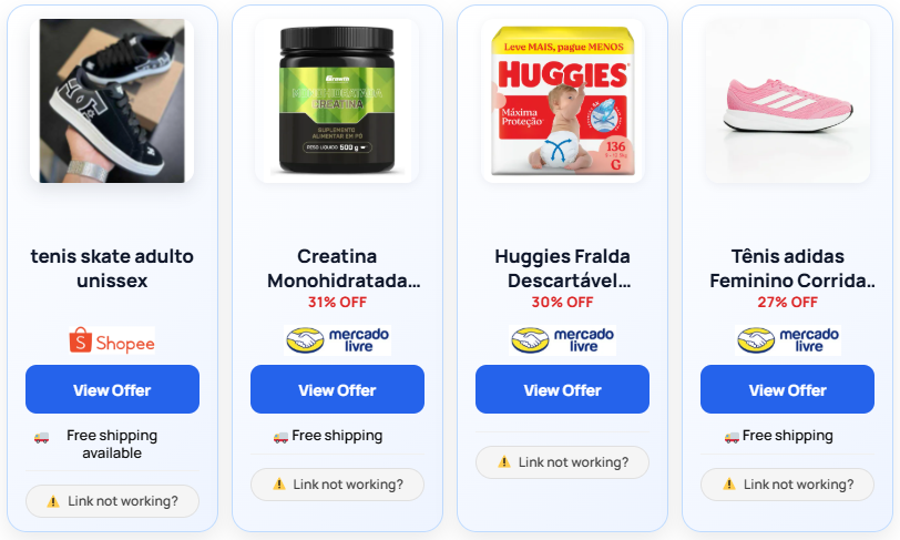 Conjunto de quatro Price Boxes verticais do MaximusLinks com diferentes produtos e ofertas